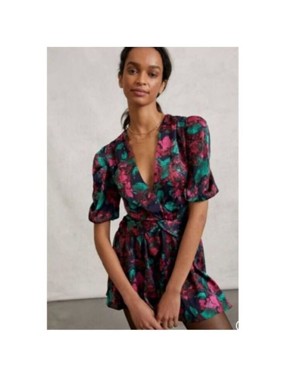 NWT MISA Los Angeles Floral Puff Sleeve Black Pink Green Mini Dress XS